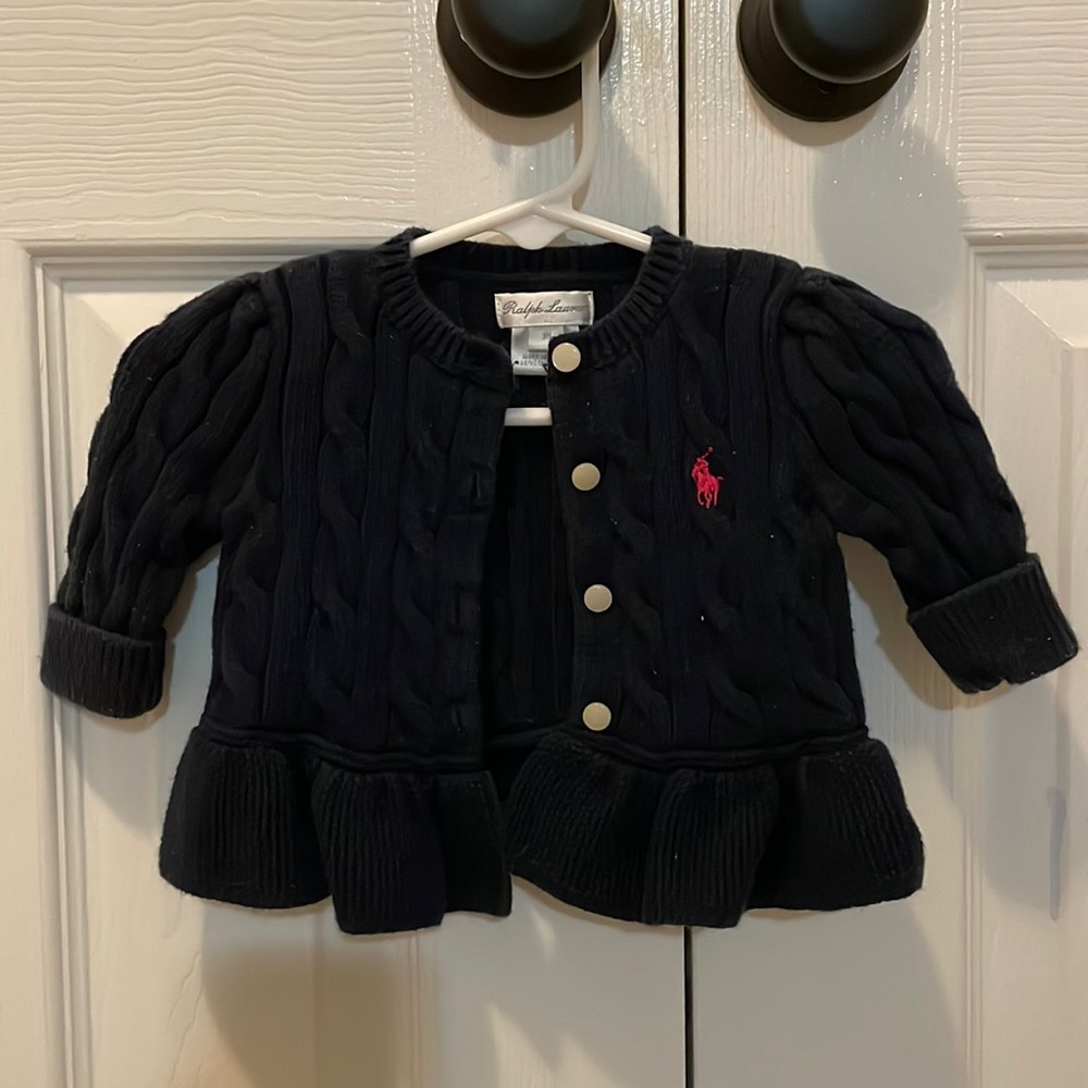Ralph Lauren navy cable knit button sweater with ruffle hem